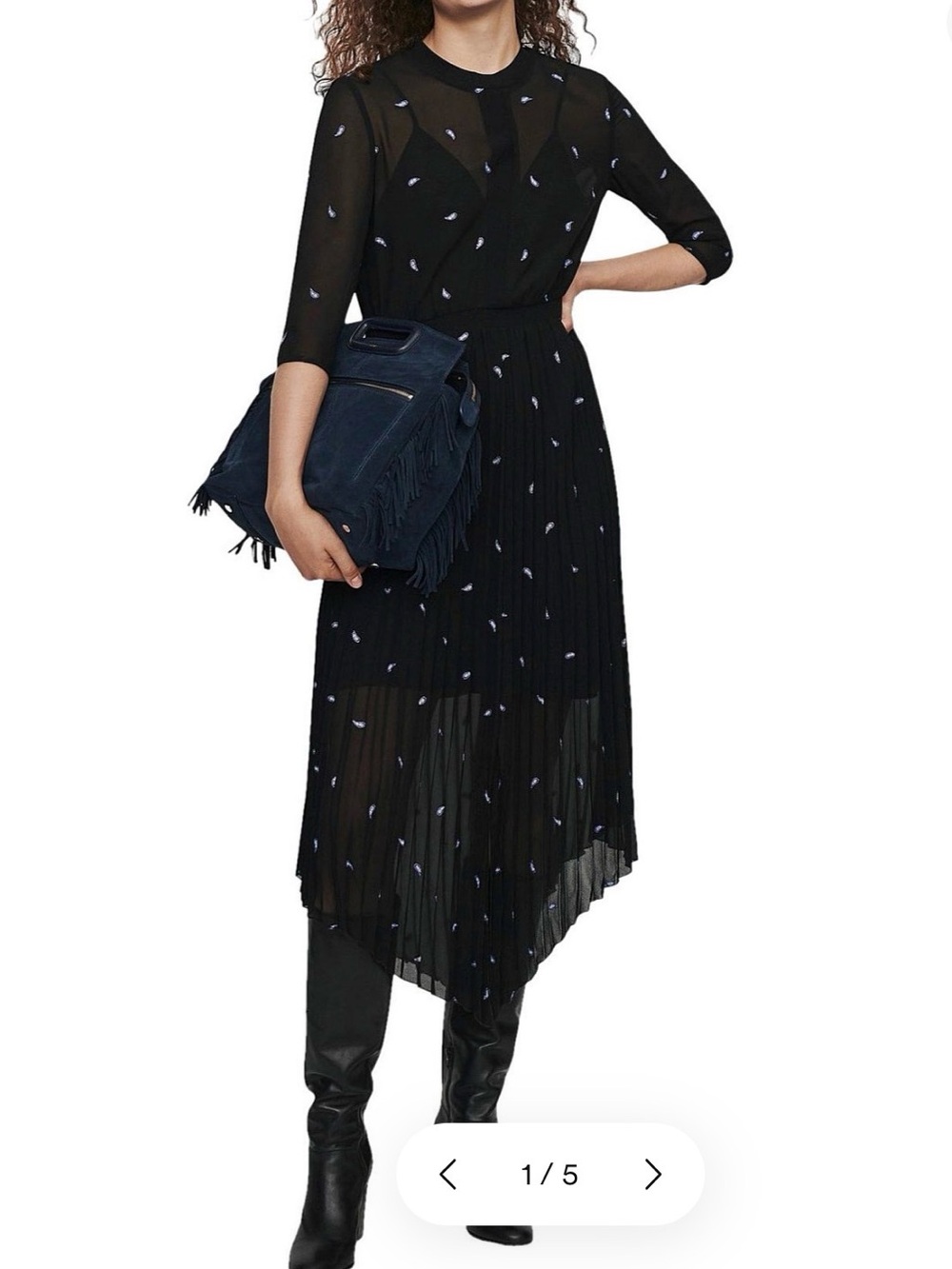 Maje Black Sheer Asymmetrical Midi Dress with Tiny Lilac Motif